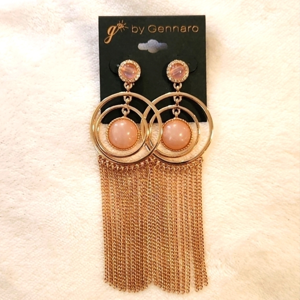 g by Gennaro Large Multi Hoop Gold Tone & Pink Center Fringe Statement Earrings